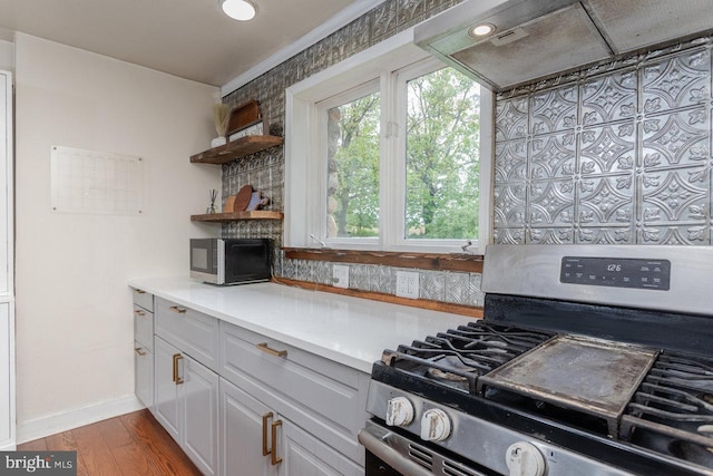 7430 Joes Creek Rd, Linville, VA 22834 - kitchen featuring appliances with stainless steel finishes, wood finished floors, white cabinetry, baseboards, and open shelves
