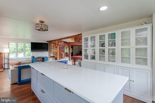 7430 Joes Creek Rd, Linville, VA 22834 - kitchen with dark wood finished floors, open floor plan, light countertops, white cabinetry, and a center island