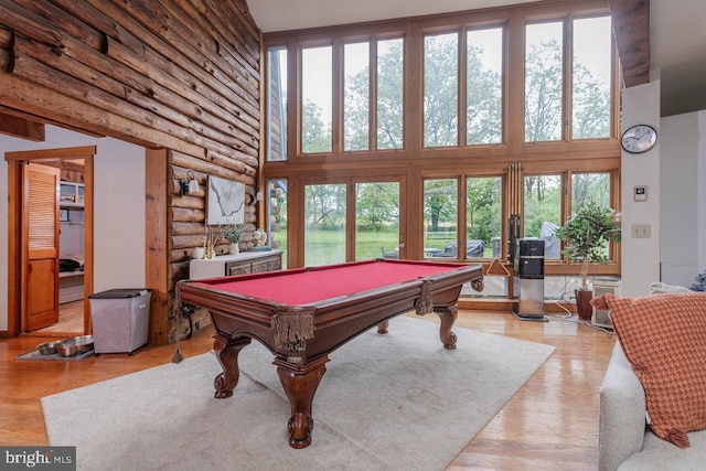 7430 Joes Creek Rd, Linville, VA 22834 - rec room with a towering ceiling, billiards, log walls, and wood finished floors