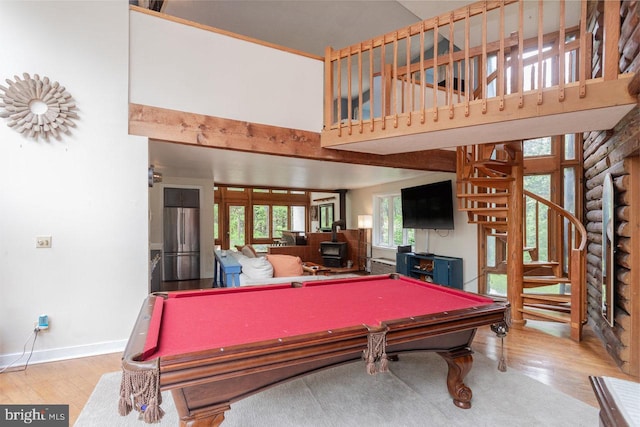 7430 Joes Creek Rd, Linville, VA 22834 - recreation room featuring billiards table, wood finished floors, a towering ceiling, and baseboards