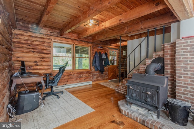 7430 Joes Creek Rd, Linville, VA 22834 - office area with wood ceiling, a wood stove, wood finished floors, beam ceiling, and a baseboard heating unit
