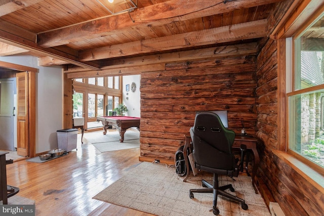 7430 Joes Creek Rd, Linville, VA 22834 - office with wooden ceiling, billiards table, beam ceiling, rustic walls, and wood finished floors