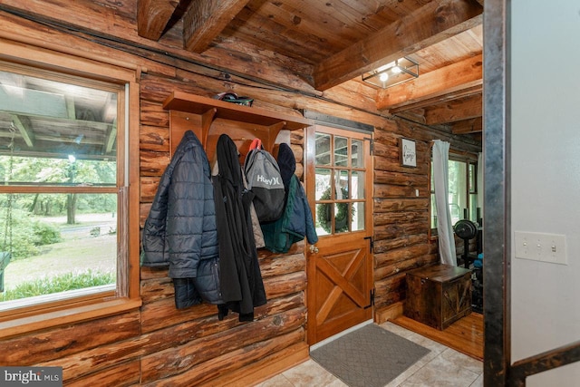 7430 Joes Creek Rd, Linville, VA 22834 - mudroom with beam ceiling, log walls, and wood ceiling