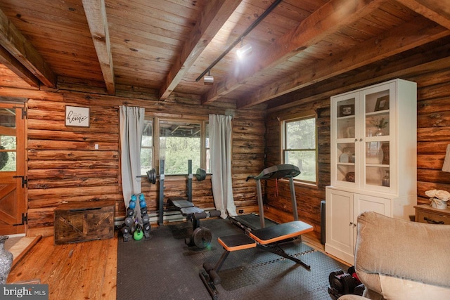7430 Joes Creek Rd, Linville, VA 22834 - workout room with wood ceiling, log walls, and wood finished floors