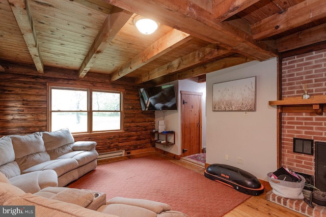 7430 Joes Creek Rd, Linville, VA 22834 - living area with log walls, hardwood / wood-style flooring, wooden ceiling, beam ceiling, and a fireplace