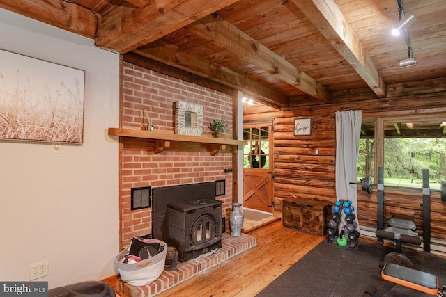 7430 Joes Creek Rd, Linville, VA 22834 - living room with rustic walls, a wood stove, beam ceiling, wooden ceiling, and hardwood / wood-style floors