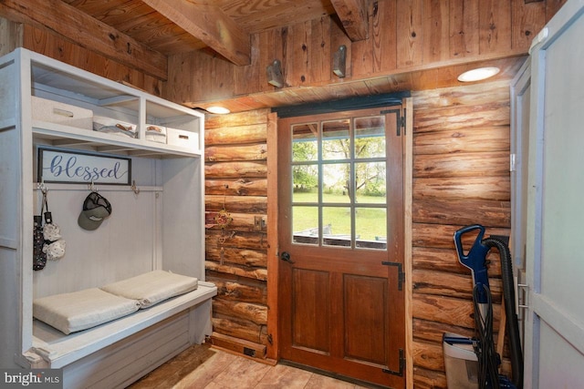 7430 Joes Creek Rd, Linville, VA 22834 - mudroom featuring rustic walls, beam ceiling, wood ceiling, and light wood finished floors