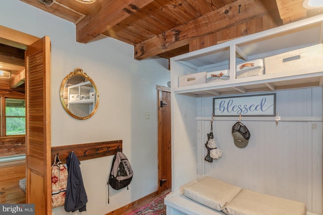 7430 Joes Creek Rd, Linville, VA 22834 - mudroom with beamed ceiling, wood ceiling, and wood finished floors