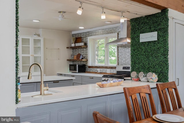 7430 Joes Creek Rd, Linville, VA 22834 - kitchen featuring appliances with stainless steel finishes, wall chimney range hood, gray cabinetry, a sink, and track lighting