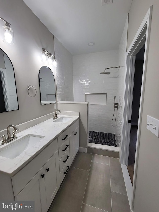 5209 10th Pl S, Arlington, VA 22204 - bathroom with a walk in shower, double vanity, and tile patterned flooring