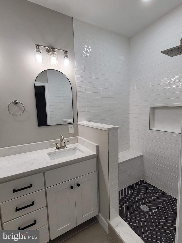 5209 10th Pl S, Arlington, VA 22204 - full bath featuring vanity, a tile shower, and tile patterned floors