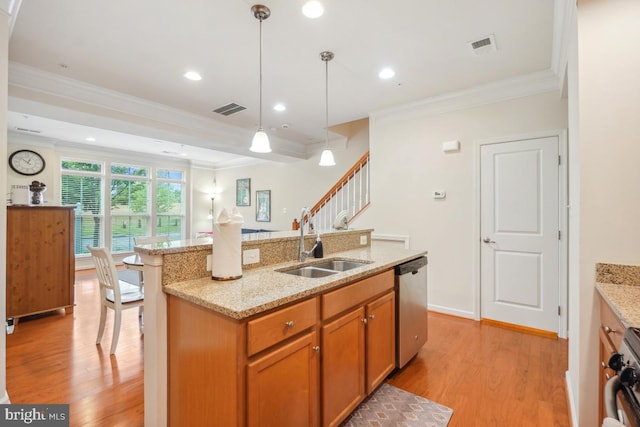 444 Exchange Ave Unit 444, Gaithersburg, MD 20878 - kitchen with stainless steel dishwasher, a sink, light wood-style flooring, ornamental molding, and brown cabinetry