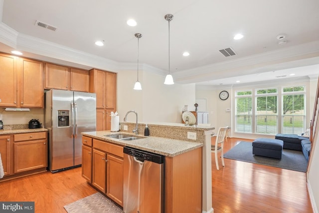 444 Exchange Ave Unit 444, Gaithersburg, MD 20878 - kitchen featuring stainless steel appliances, a sink, light wood-type flooring, open floor plan, and ornamental molding