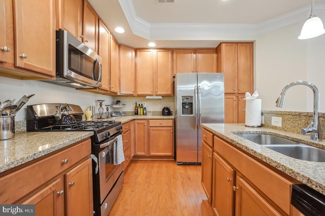 444 Exchange Ave Unit 444, Gaithersburg, MD 20878 - kitchen featuring appliances with stainless steel finishes, a sink, light wood-style flooring, ornamental molding, and light stone counters