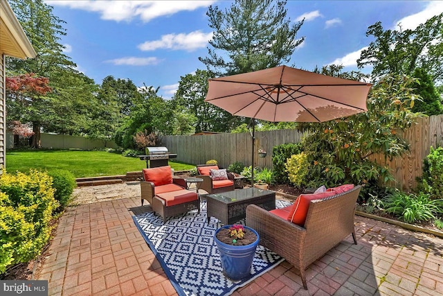 view of patio / terrace featuring an outdoor living space and area for grilling