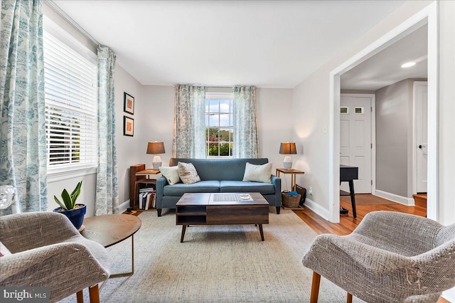 living room with wood finished floors and baseboards