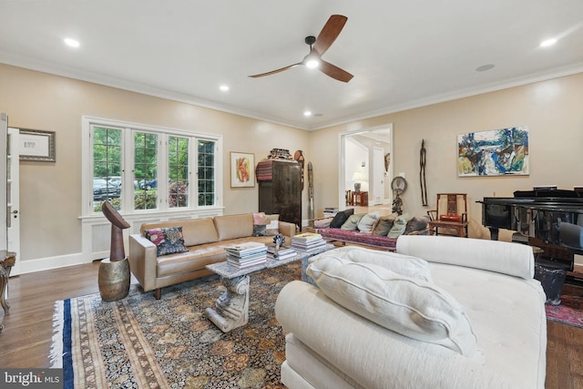 4301 Forest Ln NW, Washington, DC 20007 - living area with ceiling fan, dark wood finished floors, crown molding, recessed lighting, and baseboards