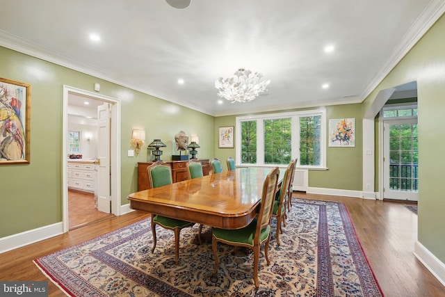 4301 Forest Ln NW, Washington, DC 20007 - dining space with wood finished floors, recessed lighting, ornamental molding, a chandelier, and baseboards