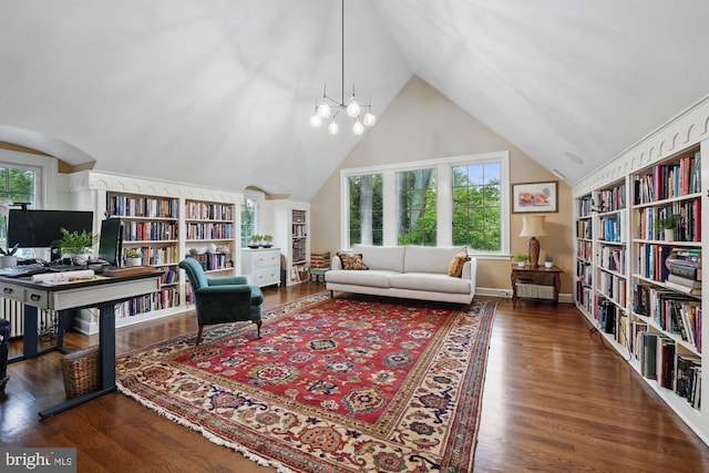 4301 Forest Ln NW, Washington, DC 20007 - living room with high vaulted ceiling, built in features, and wood finished floors