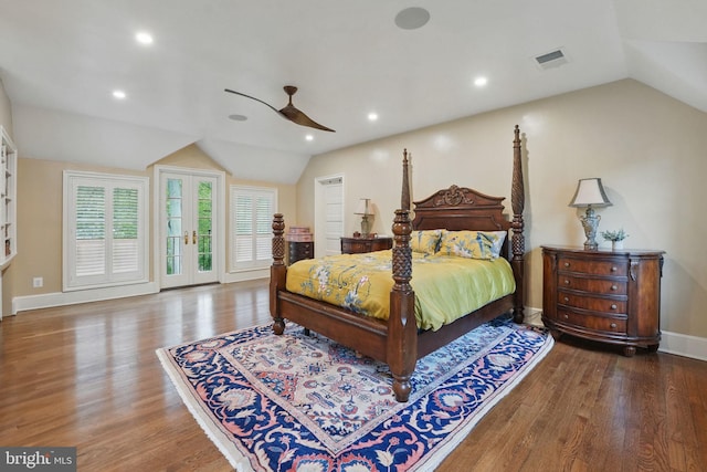 4301 Forest Ln NW, Washington, DC 20007 - bedroom featuring vaulted ceiling, wood finished floors, baseboards, access to exterior, and a ceiling fan
