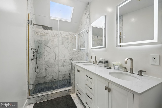 4301 Forest Ln NW, Washington, DC 20007 - full bathroom with marble finish flooring, a marble finish shower, a skylight, and double vanity