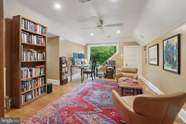4301 Forest Ln NW, Washington, DC 20007 - sitting room with wood finished floors, ceiling fan, a desk, baseboards, and lofted ceiling