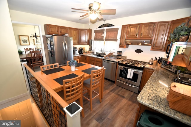 10 Casimir Ct, New Castle, DE 19720 - kitchen featuring appliances with stainless steel finishes, under cabinet range hood, a sink, a ceiling fan, and dark wood-style floors