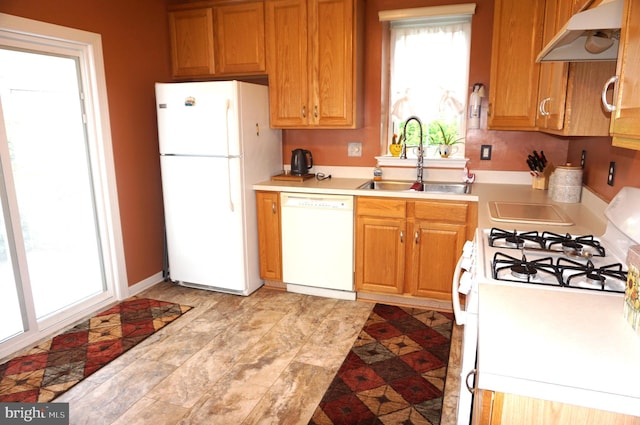 97 Burholme Dr, Hamilton, NJ 08691 - kitchen with white appliances, under cabinet range hood, a sink, and healthy amount of natural light