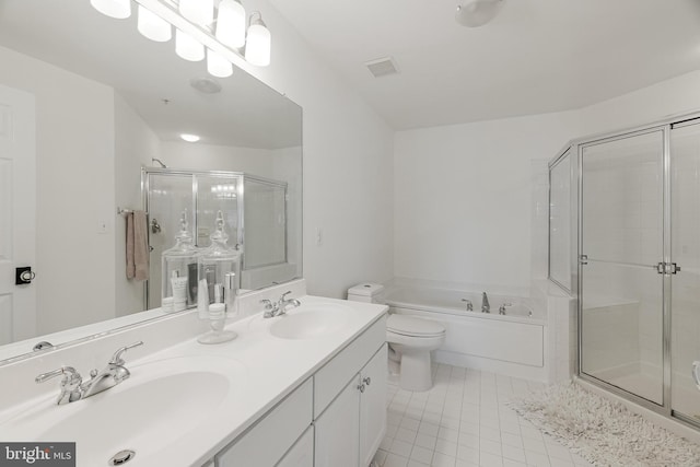 1885 Crescent Park Dr, Reston, VA 20190 - full bathroom with tile patterned flooring, a stall shower, a bath, double vanity, and toilet