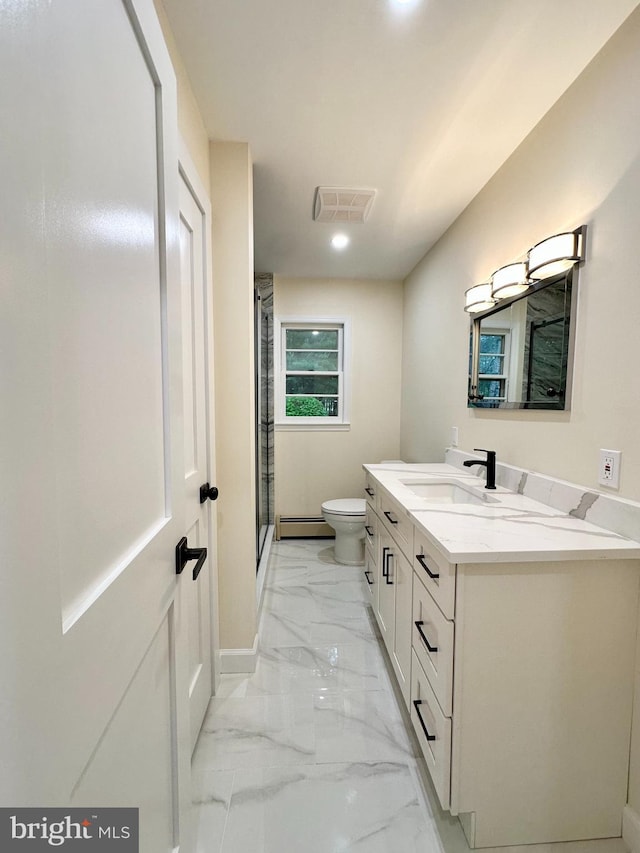 bathroom featuring a baseboard radiator, toilet, a stall shower, marble finish floors, and vanity