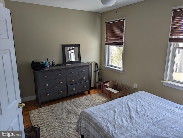 bedroom featuring radiator, wood finished floors, multiple windows, and baseboards