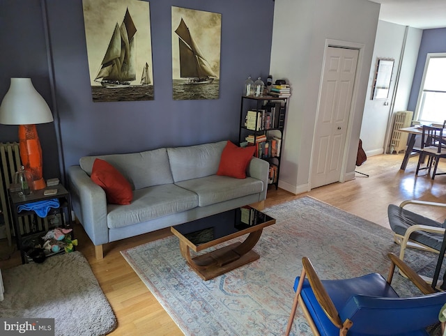 living area featuring wood finished floors and baseboards