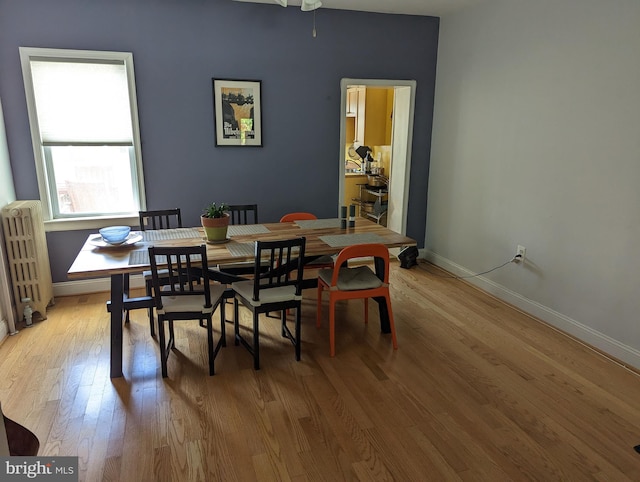 dining space with radiator heating unit, light wood-type flooring, and baseboards