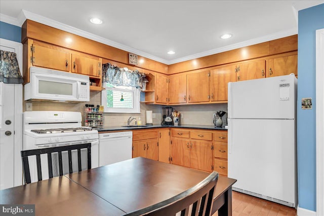 1206 Evergreen Rd, Wilmington, DE 19803 - kitchen with white appliances, open shelves, ornamental molding, dark countertops, and decorative backsplash