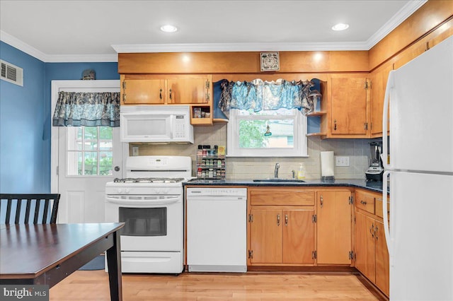 1206 Evergreen Rd, Wilmington, DE 19803 - kitchen with white appliances, a sink, open shelves, dark countertops, and crown molding