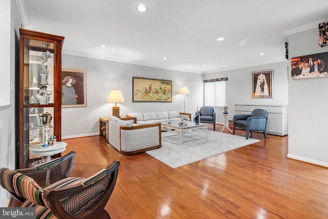 10 Stonehenge Cir Unit 1, Pikesville, MD 21208 - living area with baseboards, crown molding, wood finished floors, and recessed lighting