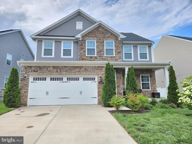 craftsman-style home with stone siding, concrete driveway, and an attached garage