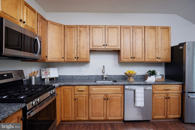 2723 Deer Ridge Dr, Silver Spring, MD 20904 - kitchen with stainless steel appliances, a sink, dark wood-type flooring, brown cabinetry, and dark stone counters