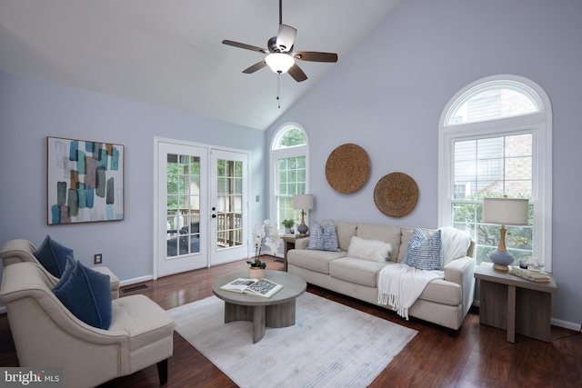 2723 Deer Ridge Dr, Silver Spring, MD 20904 - living area with a ceiling fan, high vaulted ceiling, wood finished floors, and baseboards