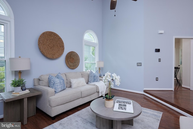 2723 Deer Ridge Dr, Silver Spring, MD 20904 - living area featuring a towering ceiling, wood finished floors, ceiling fan, and baseboards