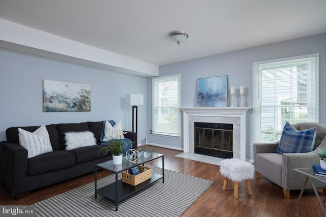 2723 Deer Ridge Dr, Silver Spring, MD 20904 - living area featuring a high end fireplace, wood finished floors, and baseboards