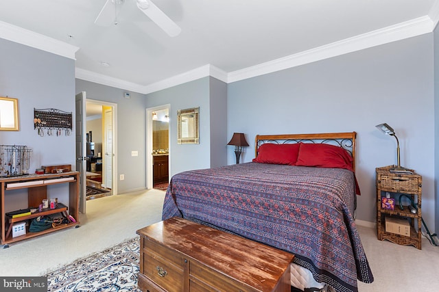 8435 Peace Lily Ct Unit 314, Lorton, VA 22079 - bedroom with light colored carpet, ornamental molding, a ceiling fan, connected bathroom, and baseboards