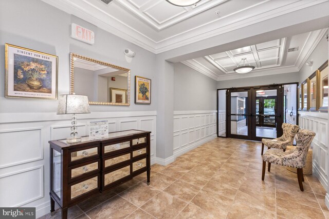 8435 Peace Lily Ct Unit 314, Lorton, VA 22079 - building lobby featuring a decorative wall, ornamental molding, coffered ceiling, and a wainscoted wall