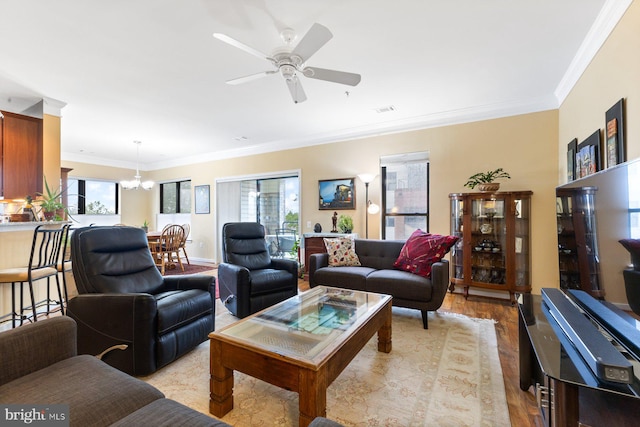 8435 Peace Lily Ct Unit 314, Lorton, VA 22079 - living room with crown molding, a chandelier, a ceiling fan, and light wood finished floors