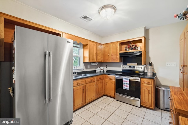 350 Poorhouse Rd, Winchester, VA 22603 - kitchen featuring appliances with stainless steel finishes, extractor fan, dark countertops, a sink, and crown molding