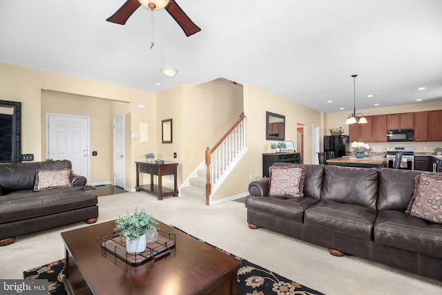 living room featuring stairway, a ceiling fan, carpet, recessed lighting, and baseboards