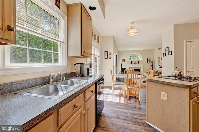 7 Chattam Ct, Baltimore, MD 21234 - kitchen with a sink, a fireplace, dark wood-style floors, black electric stovetop, and baseboards