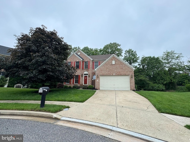 7 Chattam Ct, Baltimore, MD 21234 - colonial-style house featuring brick siding, a front lawn, an attached garage, and driveway