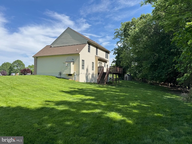 7 Chattam Ct, Baltimore, MD 21234 - view of side of home featuring stairway, a deck, and a lawn