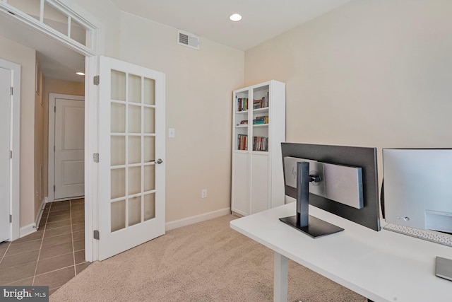 unfurnished office with recessed lighting, carpet, and baseboards